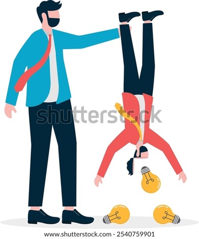 Big hand twisting the hanging small businessman trying to pour more gold coins from the small businessman to extract the residual value

