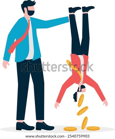 Big hand twisting the hanging small businessman trying to pour more gold coins from the small businessman to extract the residual value

