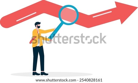 Businessman holding a magnifying glass and observing at the bottom of the arrow

