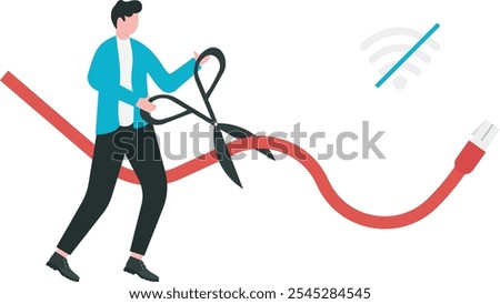 Man with scissors cuts off internet connection. unsubscribe from the internet concept. vector illustration.

