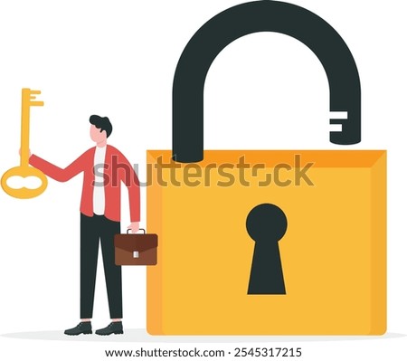 Businessman holding golden key to unlock the pad. Unlock business accessibility. Solve business problem, professional to give solutions.

