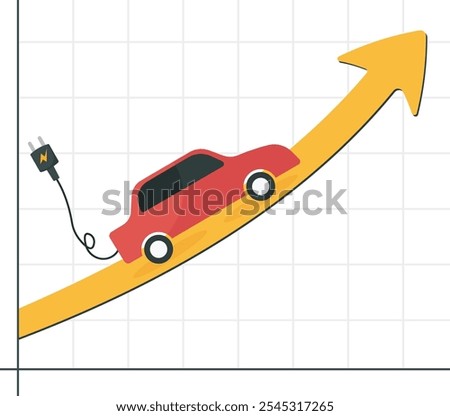 Electric car with plug-in cruising on rising up green stock market arrow graph. Electric car stock pice soaring, EV, electric vehicle earning and profit increase in new economy stock market.

