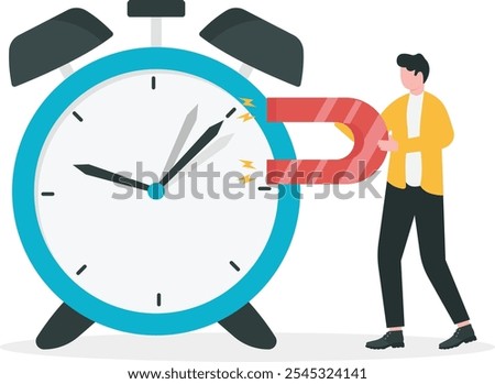 Time management, control business time or work deadline concept, smart businessman using magnet to stop clock hand metaphor of time manipulation.

