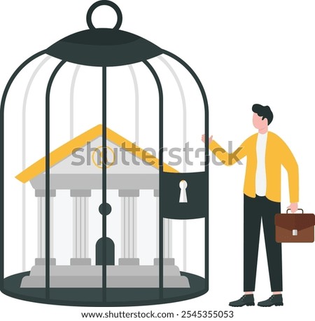 Financial sanction disconnect from SWIFT international money transfer, lockdown bank transaction against Russian war concept, businessman look at bank building locked inside bird cage.

