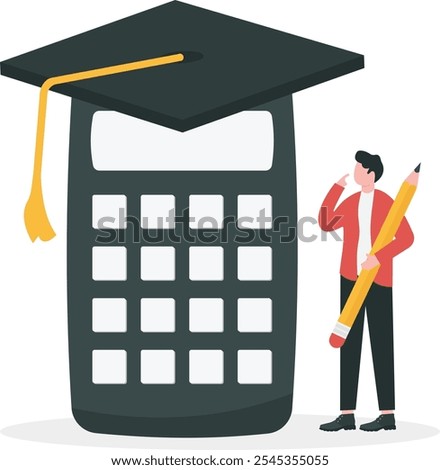 Graduate student standing with mortar board hat calculator. Student loan calculation, education budget allocation, university expense and debt pay off or scholarship payment.

