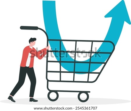 Businessman investors buy stock with a down arrow graph in a shopping cart. Purchase stock when price drops. Make profit from market collapse. Modern vector illustration in flat style.

