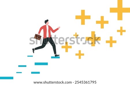 Man climbing abstract plus and minus ladder to top. Search positive thinking among negative thinking.

