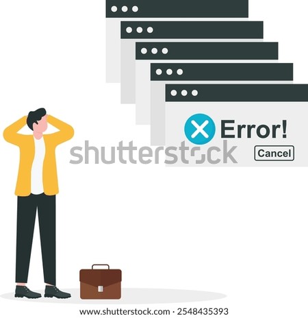 Depressed Businessman. Error message computer window alert popup logo design. Simple Browser window. Error page template. Error file not found on website page. Flat vector illustration.

