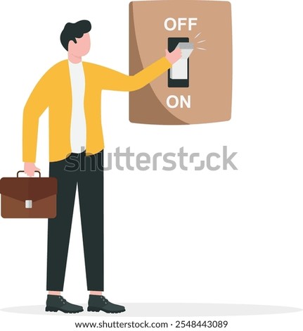 Switch off or turn off setting preference, analytics control panel or power shutdown electricity, saving energy and ecology concept, businessman pushing switch to be off in control panel dashboard.

