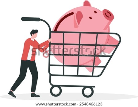 Businessmen walk with shopping carts with big pink piggy banks. Modern vector illustration in flat style

