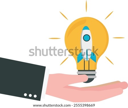 Entrepreneurship, setting up new business, motivation to create new business ideas and make it a success concept, businessman start up company owner pick the hand innovative rocket inside lightbulb id