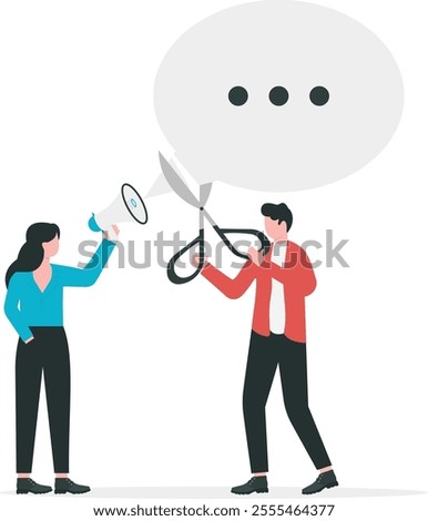 Right to speak, freedom of speech or truth or negative censorship, delete or remove opponent opinion, government and politics concept, mystery man using paint removing or censor woman speech bubble.
