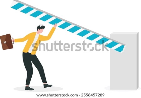 businessman knocked off balance by automated bar barrier at boom gate. Vector illustration on concept for unexpected hazards and personal accidents

