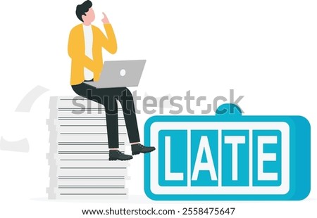 Young businessman with laptop panicked because his assignment was sent late. Late concept. Colored flat Vector Illustration.
