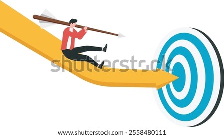 An leader man hold with arrow slide down to bullseye target. Business goal to profit.
