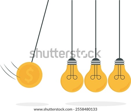 Sparks of positive financial meaning, business target market and transformation, streamlining ideas, profitability, optimizing results, dollar coin as a pendulum moving and hitting light bulbs

