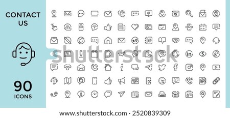 Contact us icon set. email, chat, location, smartphone, conversation, calendar and more, Simple line vector. Thin outline icons pack. Vector illustration