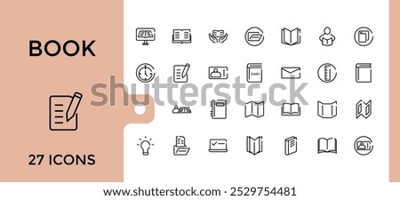 Set of line icons about books. Related to reading, library, ebook, notebook, magazine, guides. Editable stroke. pixel perfect. Vector illustration.