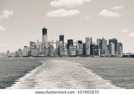 Lower Manhattan skyline from Staten Island Ferry boat, New York City. Sepia tone image.