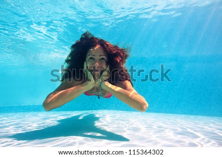 Smiling Woman Underwater Close Up Portrait In Swimming Pool. Stock ...