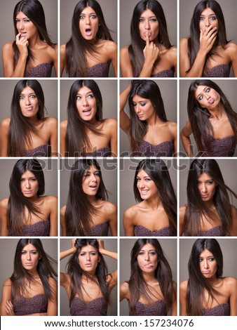 Collage of beautiful woman close up portrait with different expression.