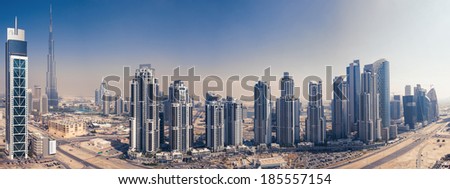 DUBAI, UAE - MARCH 28, 2014: Panoramic view of Burj Khalifa tower, the tallest man-made structure in the world, at 829.8 m (2,722 ft).