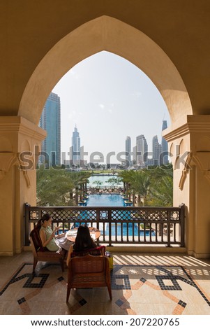 DUBAI, UAE - MARCH 30, 2014 Palace Hotel view from the terrace. The Palace Downtown Dubai Hotel features 242 guest rooms, including 81 lavish suites.