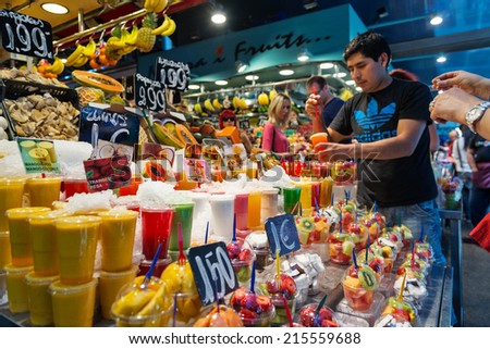 BARCELONA, SPAIN - MAY 31, 2014: People buying food inside Mercat de Sant Josep de la Boqueria. It is a large public market in the Ciutat Vella district of Barcelona.