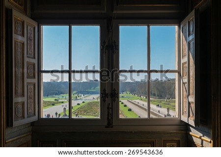 View of garden from window inside Vaux le Vicomte Castle, baroque French Palace located in Maincy, near Paris. Constructed from 1658 to 1661 for Nicolas Fouquet.