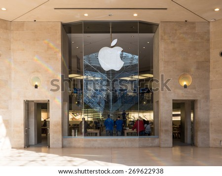 PARIS, FRANCE - APRIL 7, 2015: Apple Store. As of 2014, Apple employs 72,800 permanent full-time employees, maintains 437 retail stores in fifteen countries.