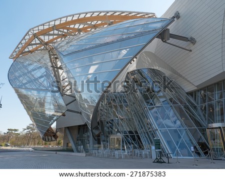 PARIS, FRANCE - APRIL 7, 2015: Louis Vuitton Foundation building. Made of 3,584 laminated glass panels, it was designed by the architect Frank Gehry and opened to the public in 2014.