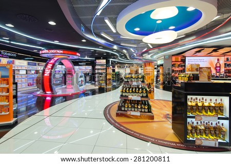 MADRID, SPAIN - MAY 5, 2015: Duty free shop at Barajas Airport, the main international airport serving Madrid, with about 39 million passengers each year.
