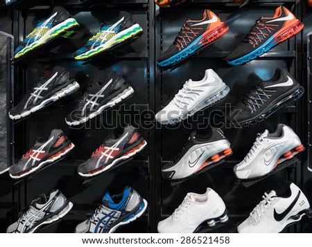 NEW YORK CITY - CIRCA MAY 2015: Exposition of nike sport shoes. Nike is one of the world\'s largest suppliers of athletic shoes and apparel.