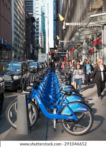 NEW YORK CITY - MAY, 2015: Citi Bike station in Manhattan. NYC bike share system started in Manhattan and Brooklyn on May 27, 2013.
