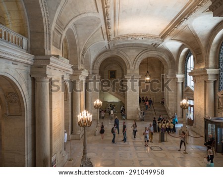 NEW YORK CITY - MAY 2015: The New York Public Library entrance. With nearly 53 million items, the New York Public Library is the second largest public library in the United States.