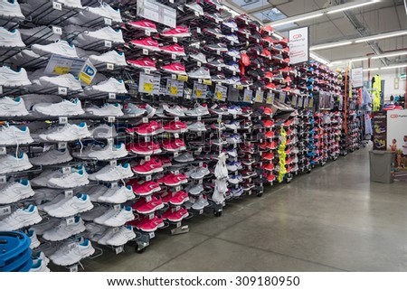 SAN BENEDETTO DEL TRONTO, ITALY - AUGUST 8, 2015: Sneakers inside Decathlon Sport Store. Decathlon is the largest sporting goods reseller, founded in 1976.