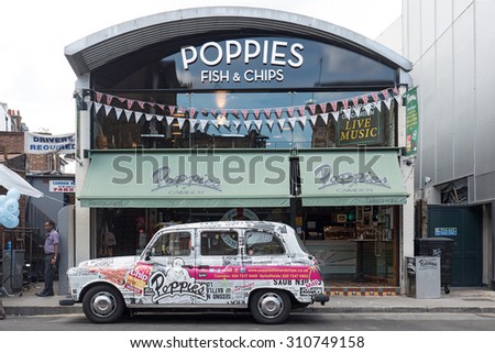 LONDON, UNITED KINGDOM - JUNE 17, 2015: Facade of famous Poppies fish and chips restaurant.
