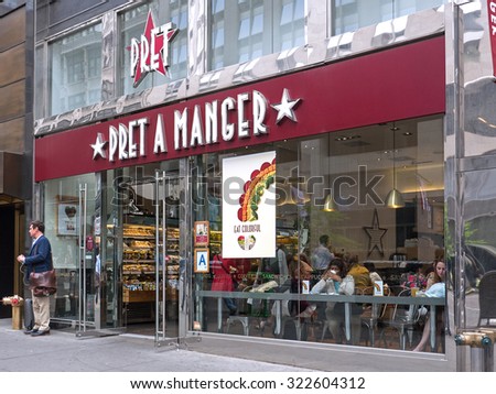 NEW YORK CITY - MAY 19, 2015: Pret A Manger restaurant in Manhattan. Pret A Manger is a British sandwich retail chain, the first shop was opened in London in 1984 by Jeffrey Hyman.