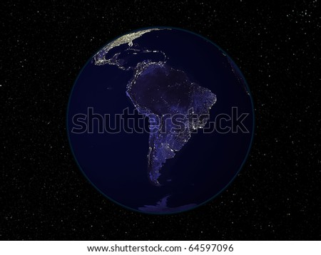 Night Earth view from space with city lights. Focus on South America. Digitally combined from a collection of satellite-based observations.