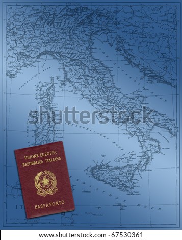 Italian passport on map of Italy.