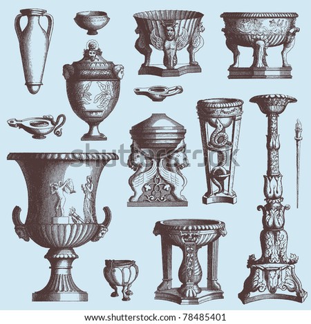 Engraving Greek urn from atlas published in 1851 (The iconographic encyclopedia of science, literature and art). Vector image.