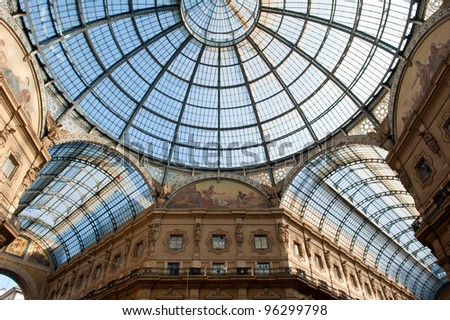 Glass dome of Galleria Vittorio Emanuele II shopping gallery. Milan, Italy.