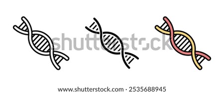 Three different colored DNA strands are shown. DNA icon in outline, silhouette and editable color icon with an unexpanded vector inside, DNA strands icon