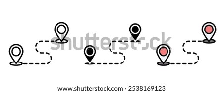 Series of black and white route icons that represent a path. The route icons are spaced out and are connected by lines in outline, silhouette and editable colors in unexpandable vector form