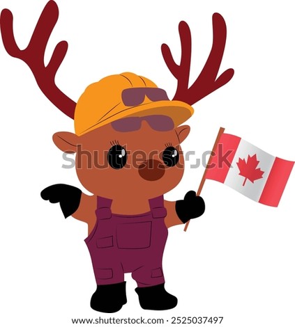 A cartoon character of a caribou wearing an oil drillers outfit, holding the Canada flag