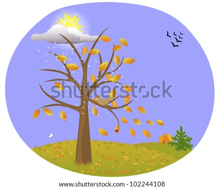 The tree with yellow leaves on the background of the autumn landscape and the birds flying away. Vector Illustration.