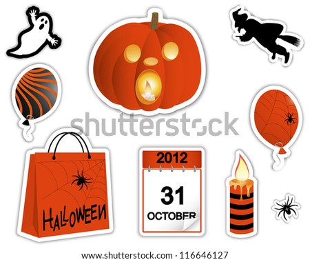 Sticker pumpkin with a burning candle, the ghost, witch and other symbols of the holiday. Halloween stickers. eps10. Vector illustration.