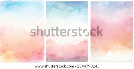 Three watercolor paintings of a sky with pink and blue hues. The paintings are arranged in a row, with the middle one being the largest. The sky in the paintings is filled with clouds