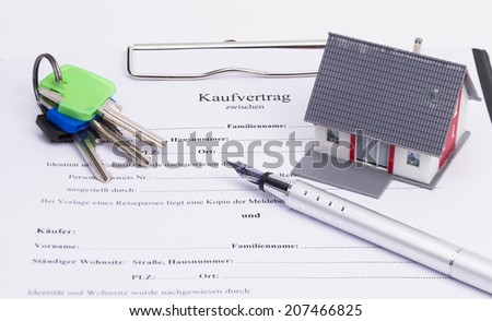 Real estate contract with house, pen and keys, isolated on white background