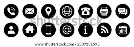 Latest Social media network and contact us icon set 2024. Phone call, Email, Address, Globe, Mobile, fax, chat, calendar, at, home, telephone, profile icons collection